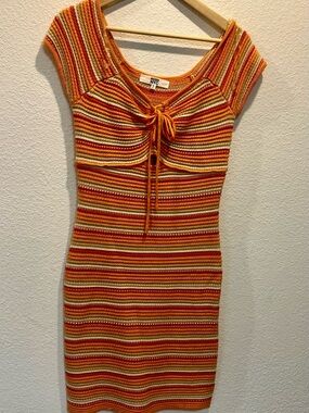 NYC Striped Knit Tie-Front Midi Dress in Orange, Red & Cream